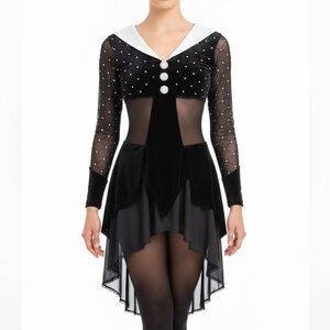 Black and White Long Sleeve Dance Costume with Rhinestone Accents